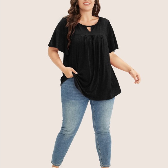 Bloomchic Plain Ruffle Sleeve Keyhole Gathered Crew Neck T-Shirt - Picture 2 of 5